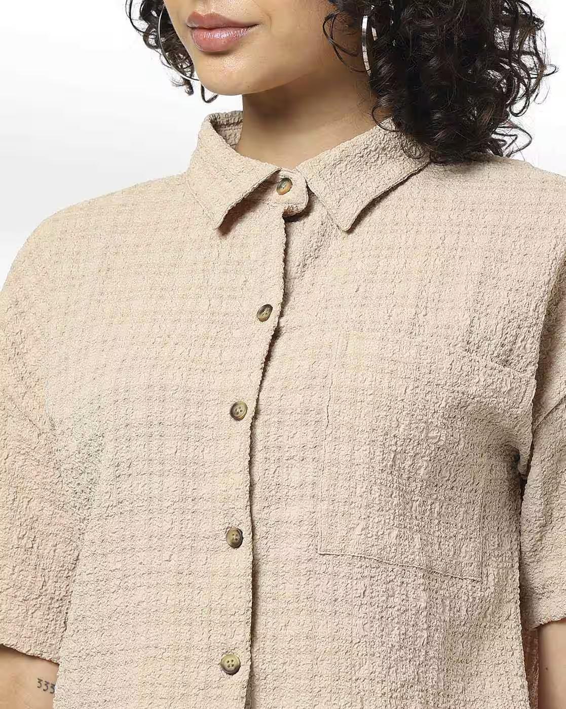 TEXTURED DROP SHOULDER SHIRT, BEIGE, L
