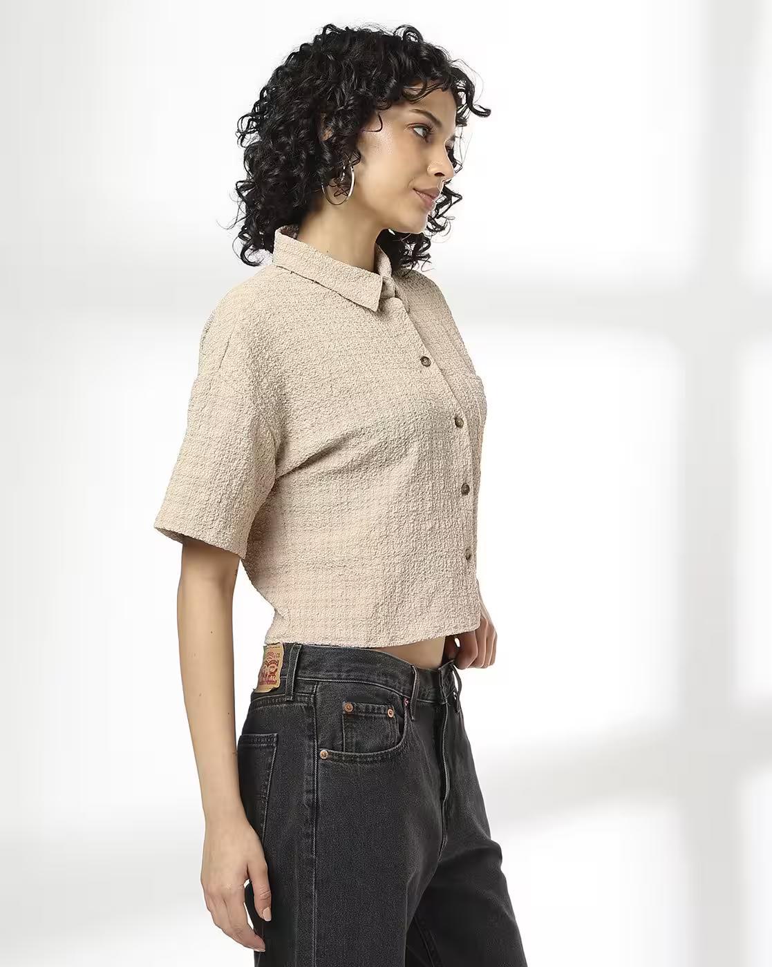 TEXTURED DROP SHOULDER SHIRT, BEIGE, L