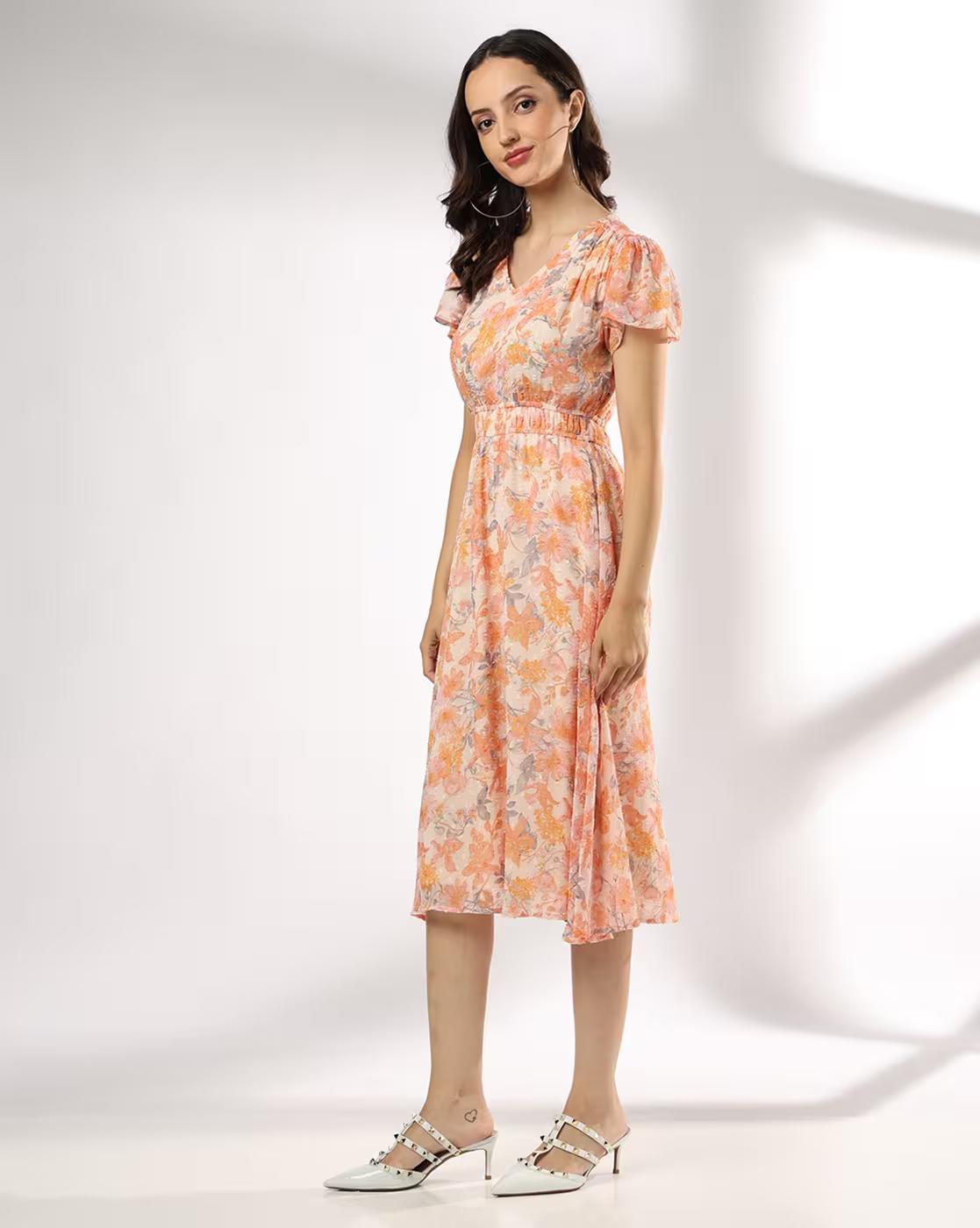 FLARED SLEEVE DRESS, ORANGE, XL