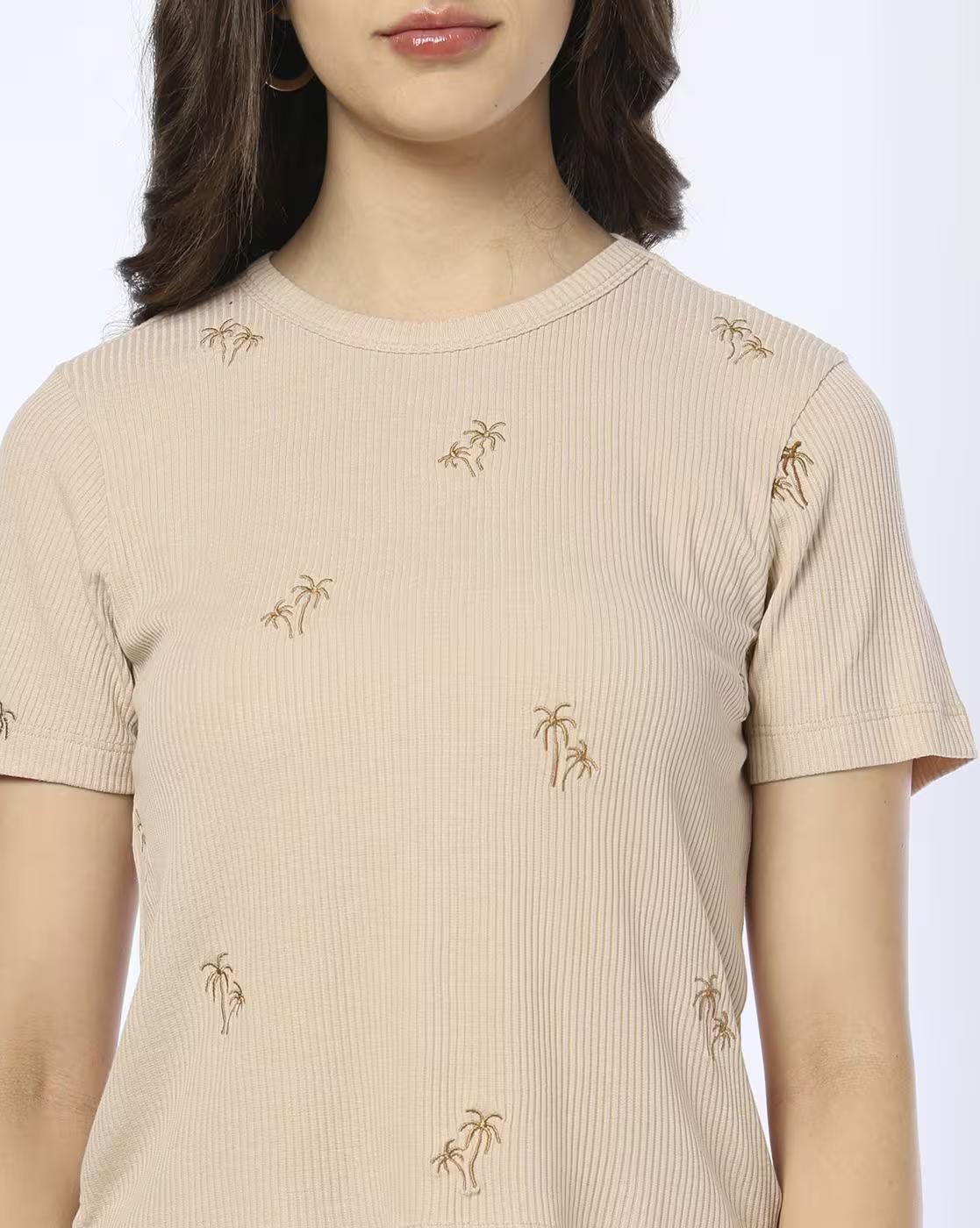 EMBROIDERED T SHIRT, BEIGE, S