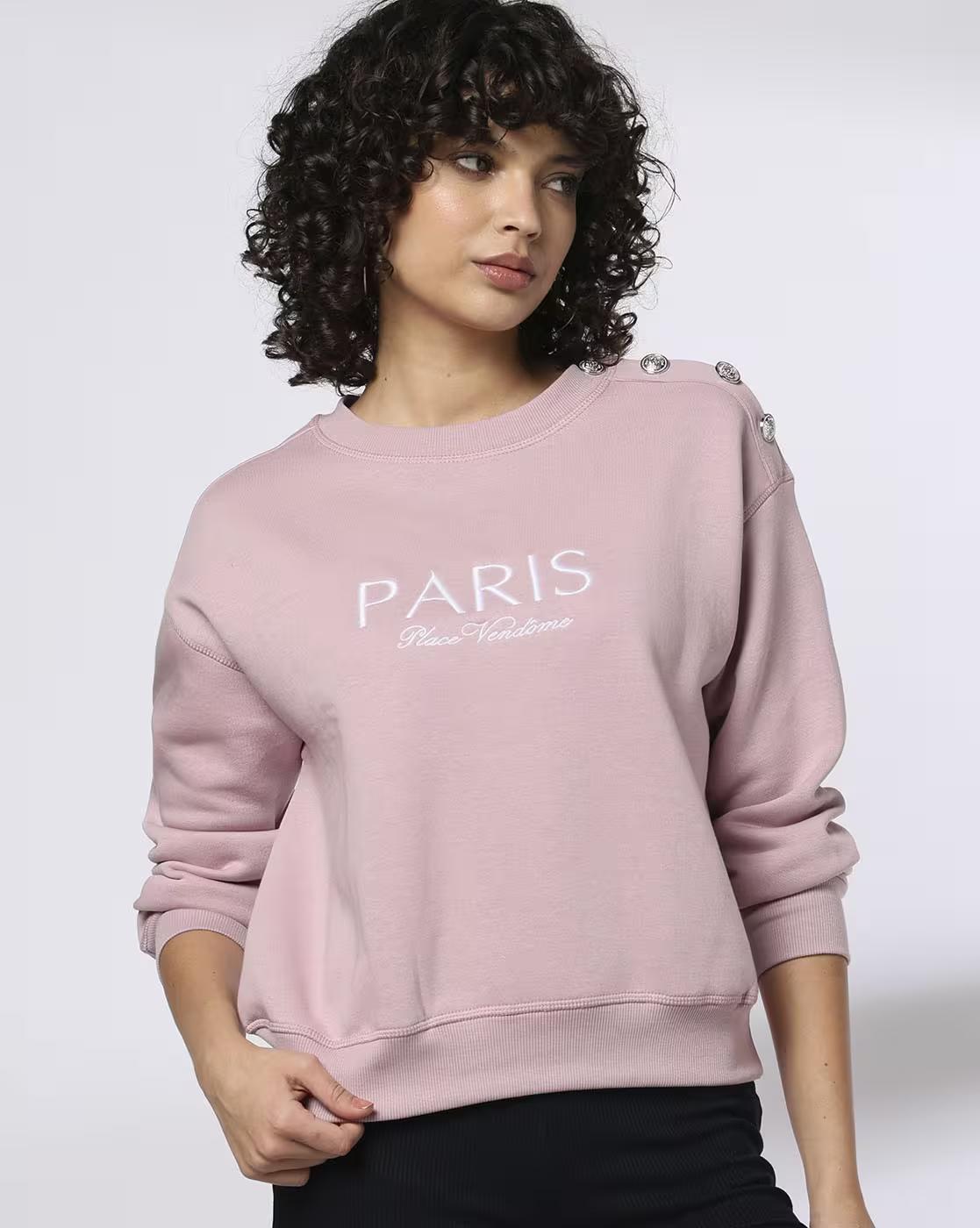 PARIS EMBROIDERY SWEATSHIRT, PINK, M