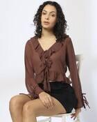 RUFFLE TOP, BROWN, L