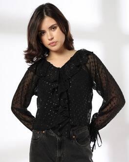 LUREX SWISS DOT RUFFLE TOP, BLACK, XS