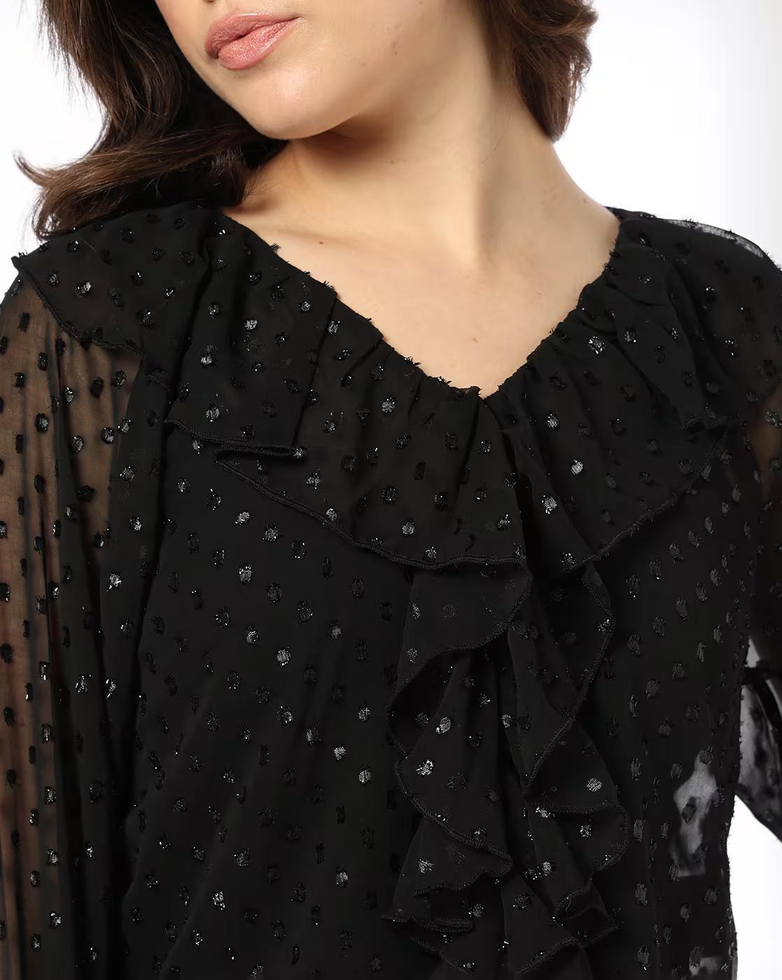 LUREX SWISS DOT RUFFLE TOP, BLACK, L