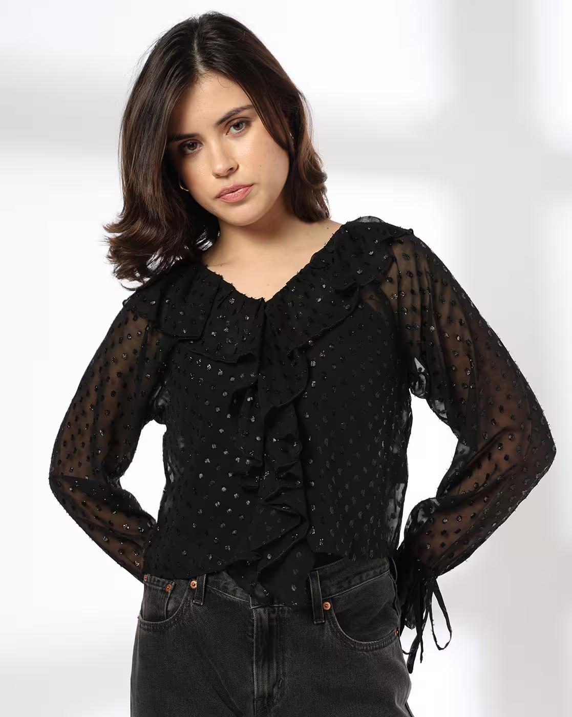 LUREX SWISS DOT RUFFLE TOP, BLACK, L