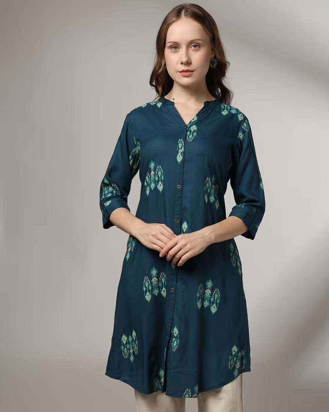 FULL FRONT OPEN KURTA, TEAL, XXL