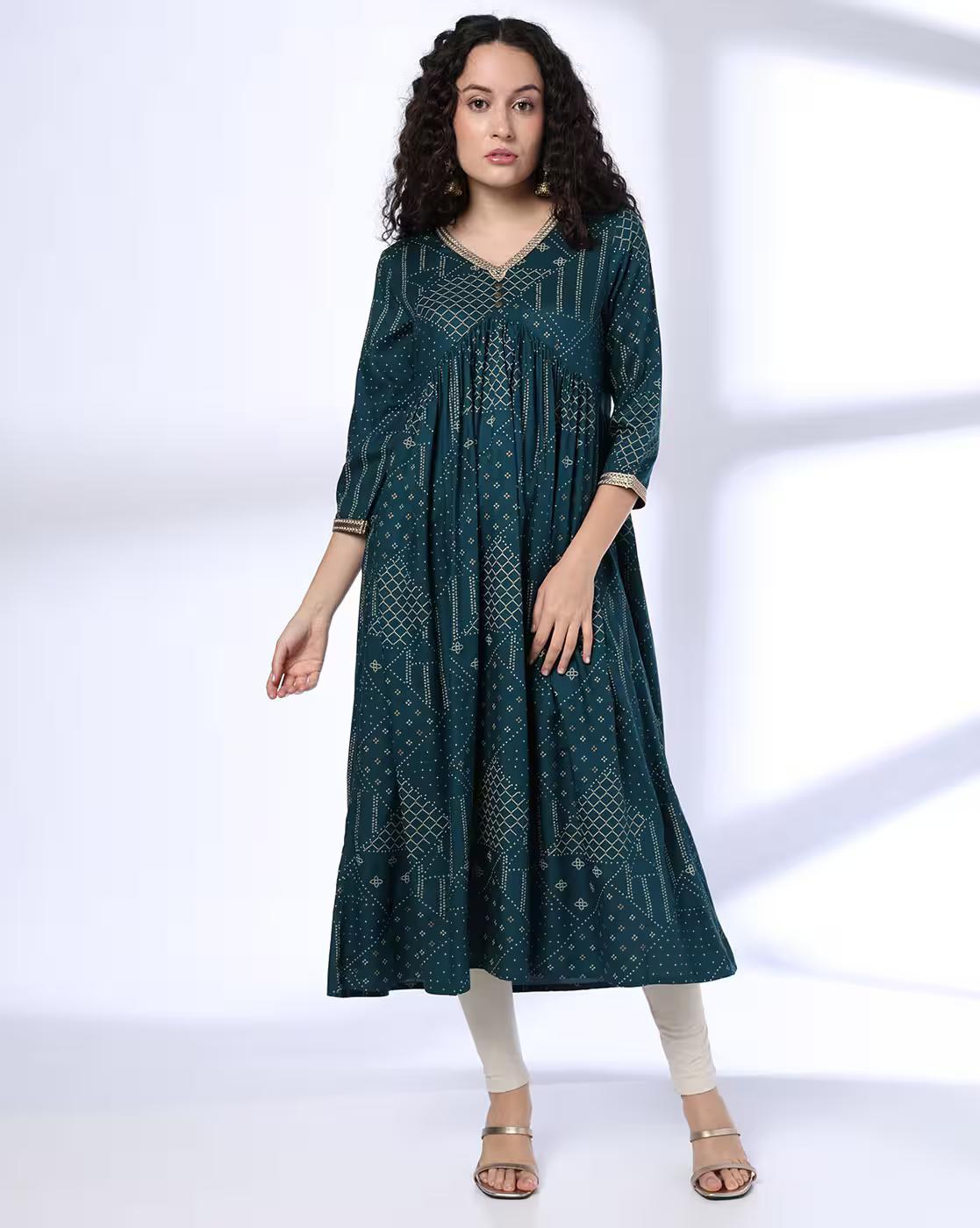 V NECK PRINTED KURTA, TEAL