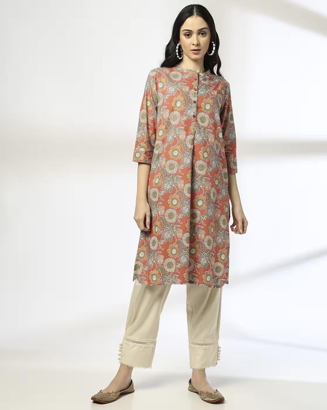 Floral print kurta, CORAL