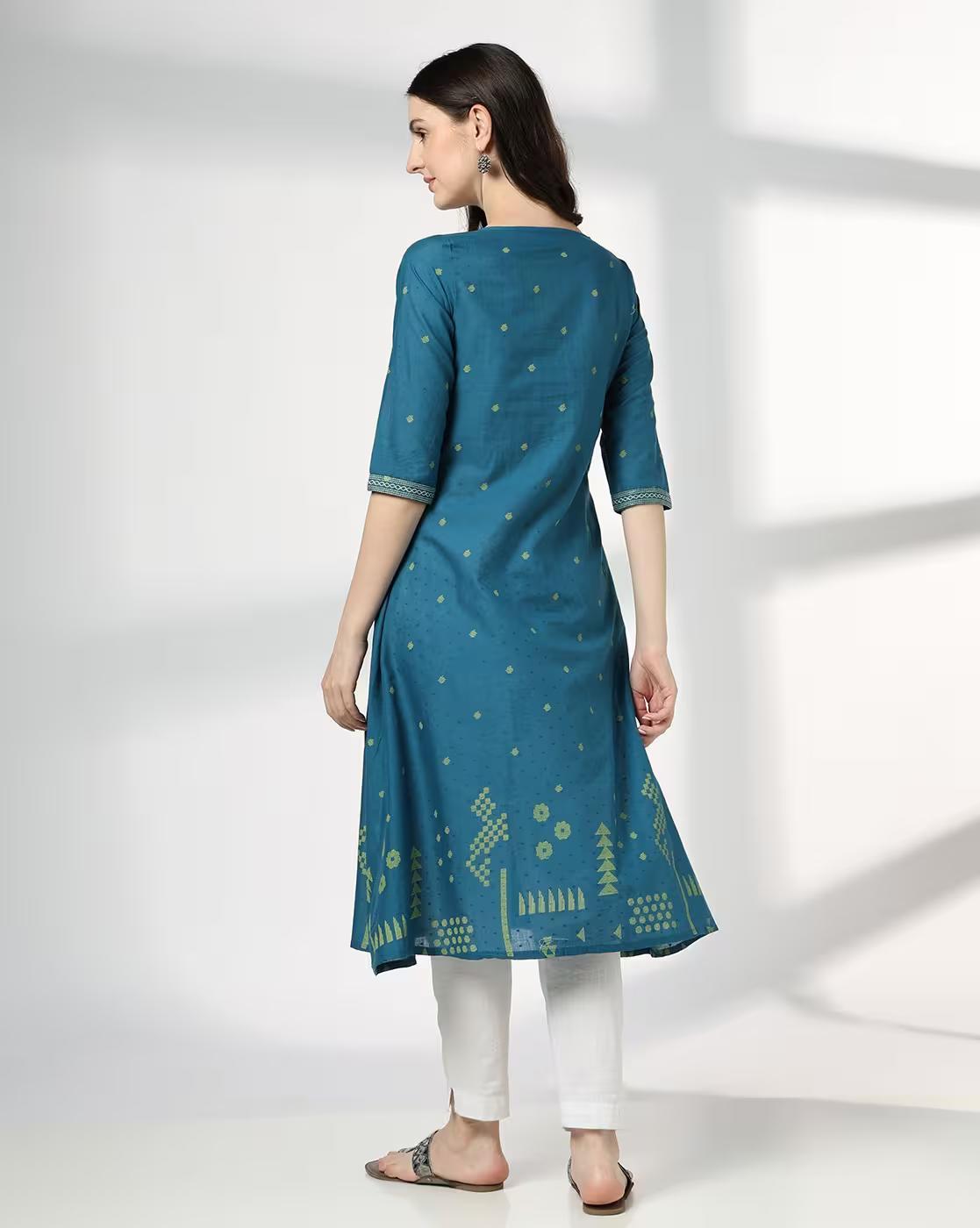 Printed kurta, TEAL, XS