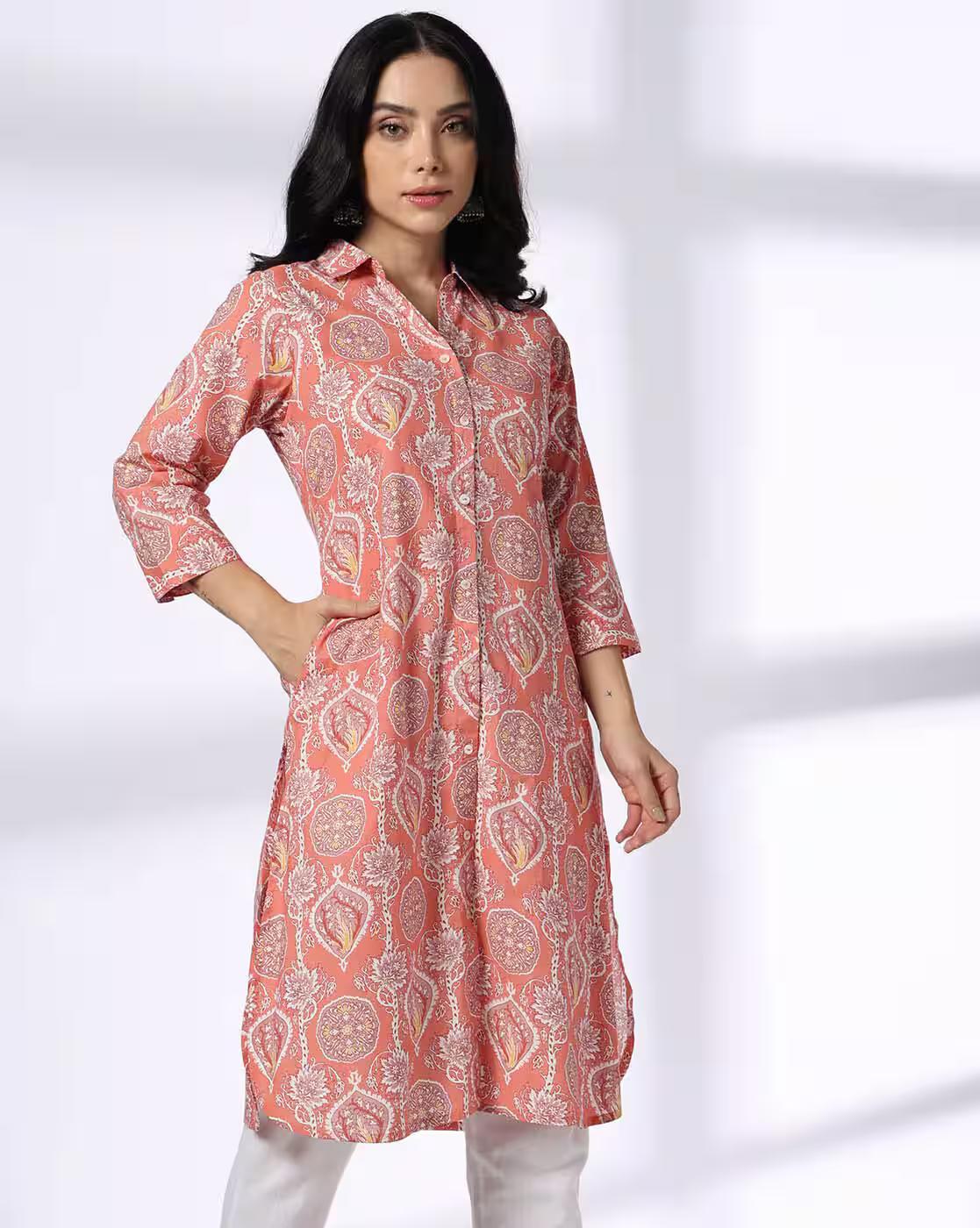 printed kurta, PEACH, XS