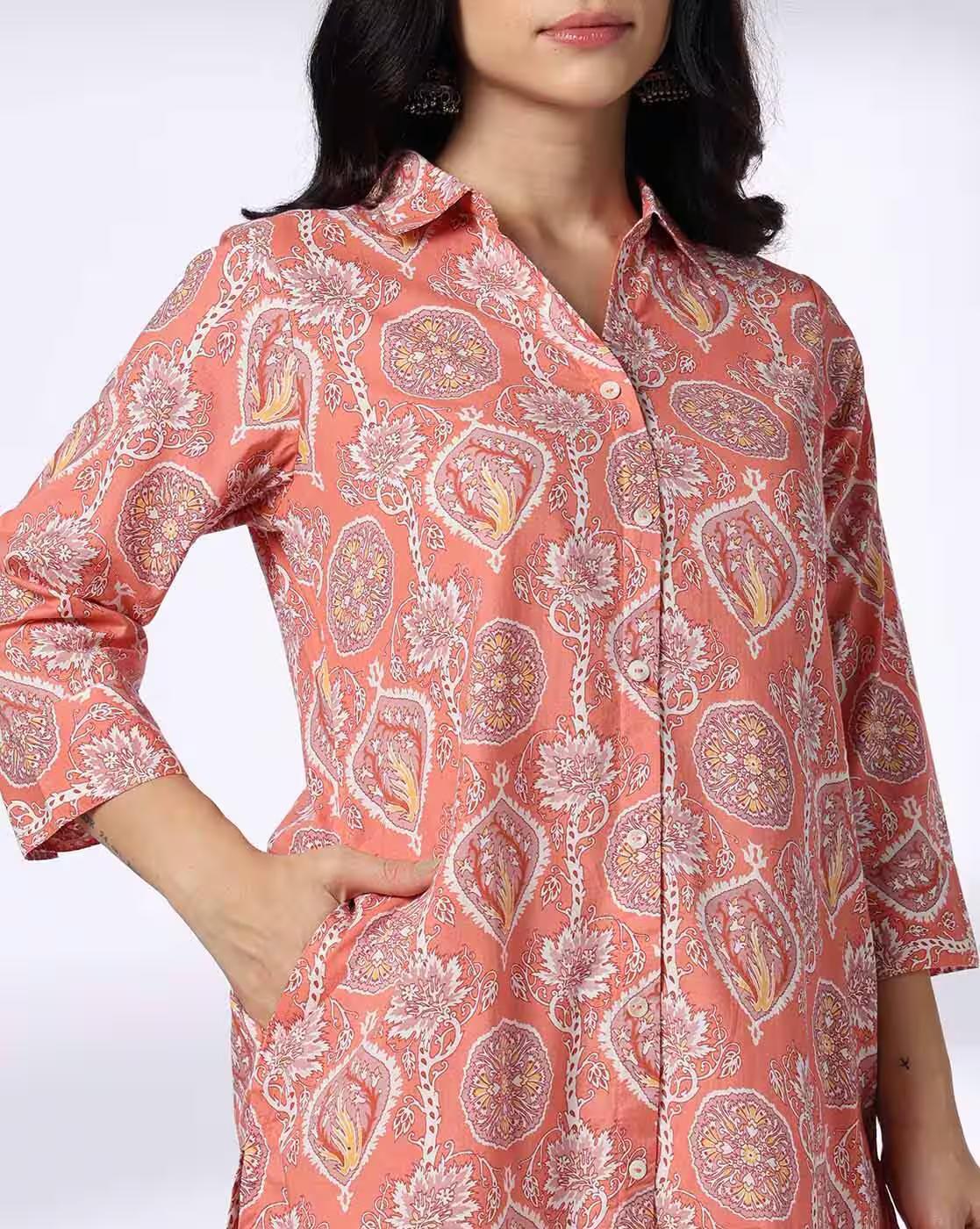 printed kurta, PEACH, XS