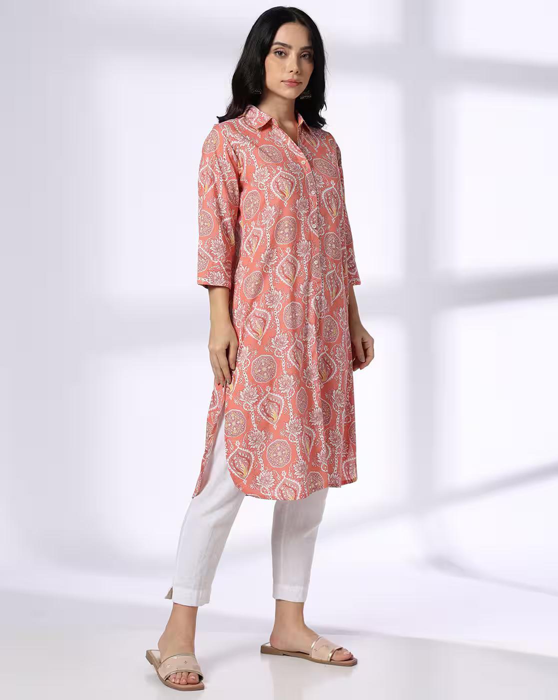 printed kurta, PEACH, XS