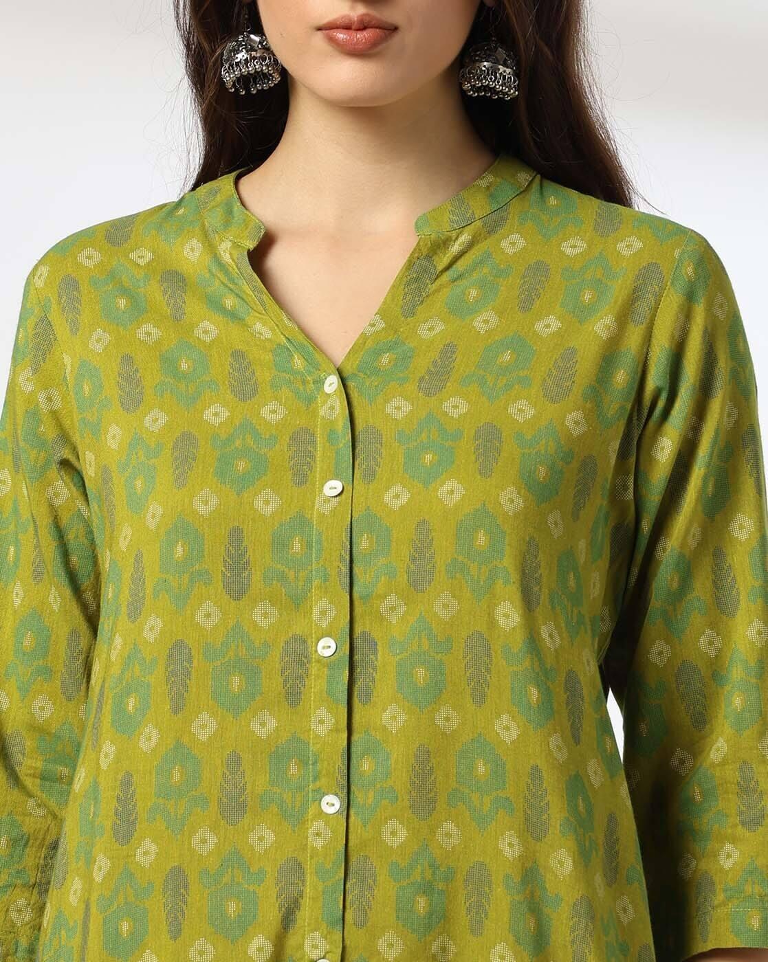 PRINTED KURTA, LIME GREEN, S