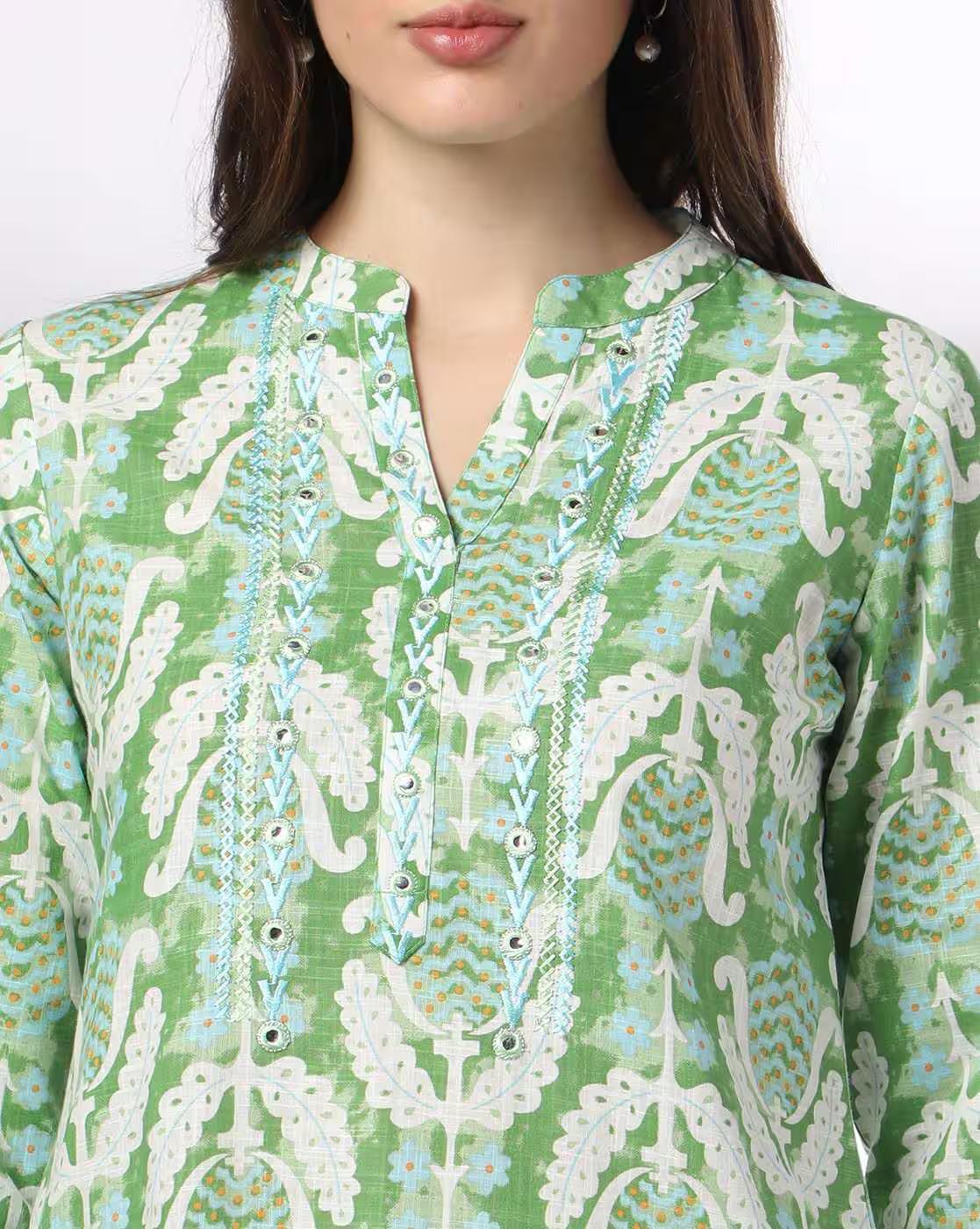 green big print aop kurta, GREEN, M