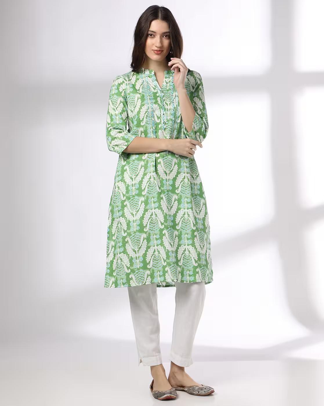 green big print aop kurta, GREEN, M