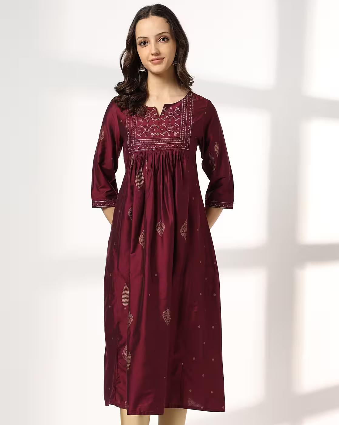 NOTCH NECK GATHERED FLARED, Burgandy, L