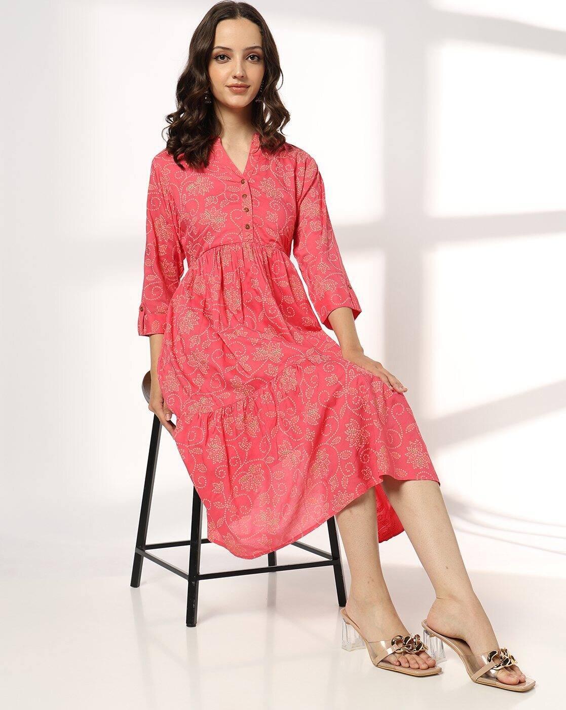 MANDERIN COLLAR TIER DRESS, FUCHSIA, XXL