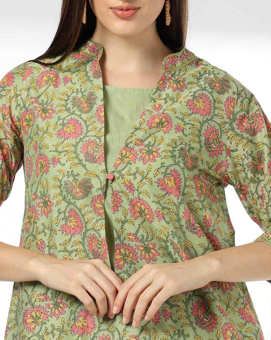 MANDERIN COLLAR LAYED KURTA, GREEN, L