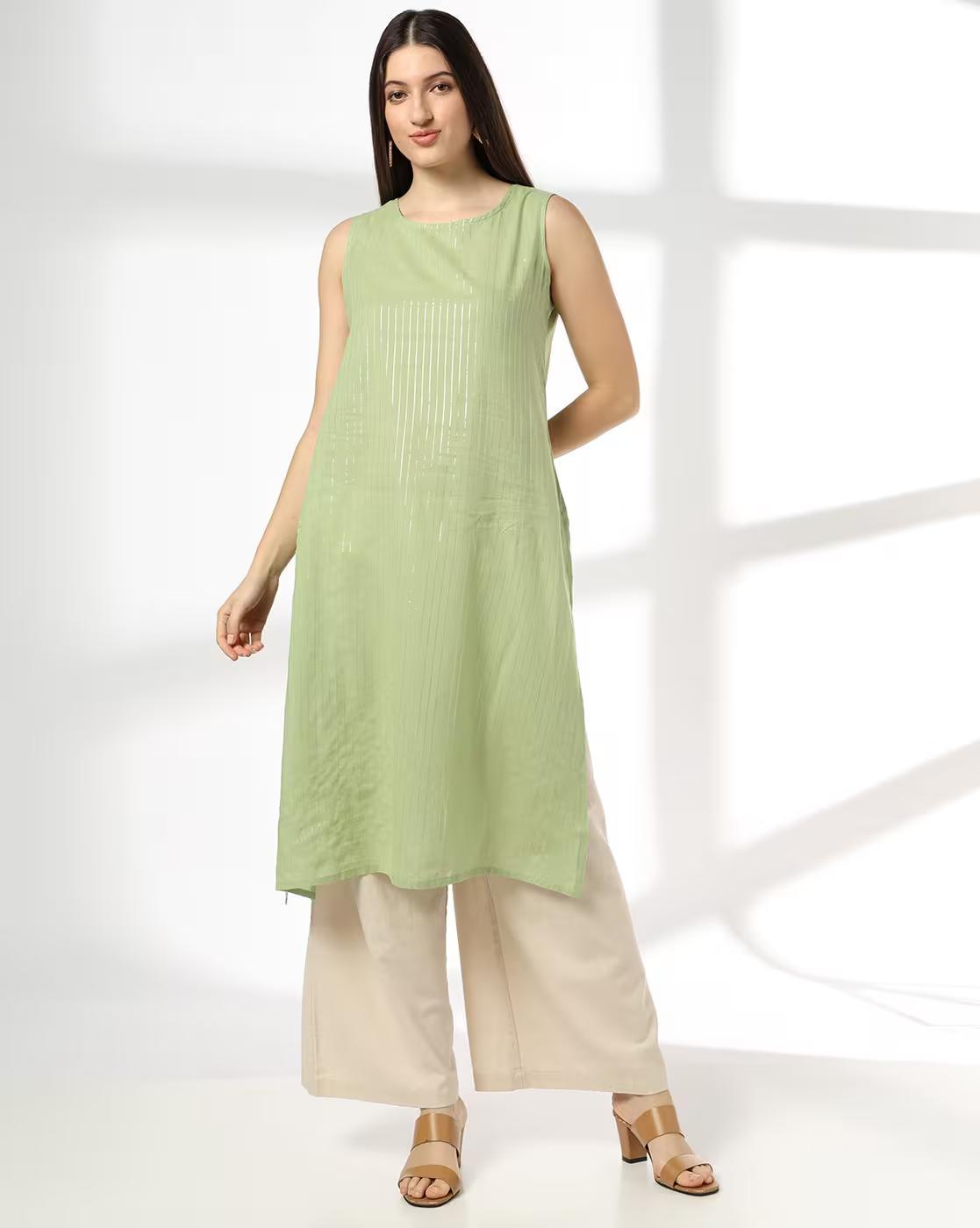 MANDERIN COLLAR LAYED KURTA, GREEN, L