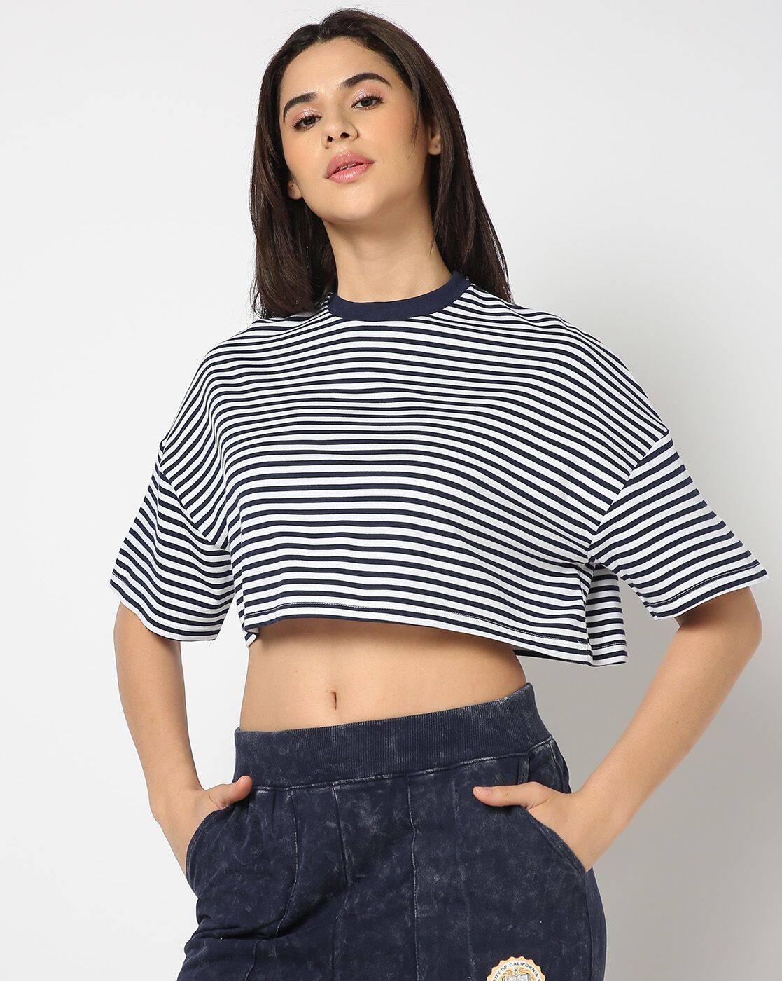 BOXY STRIPE TEE, NAVY, M