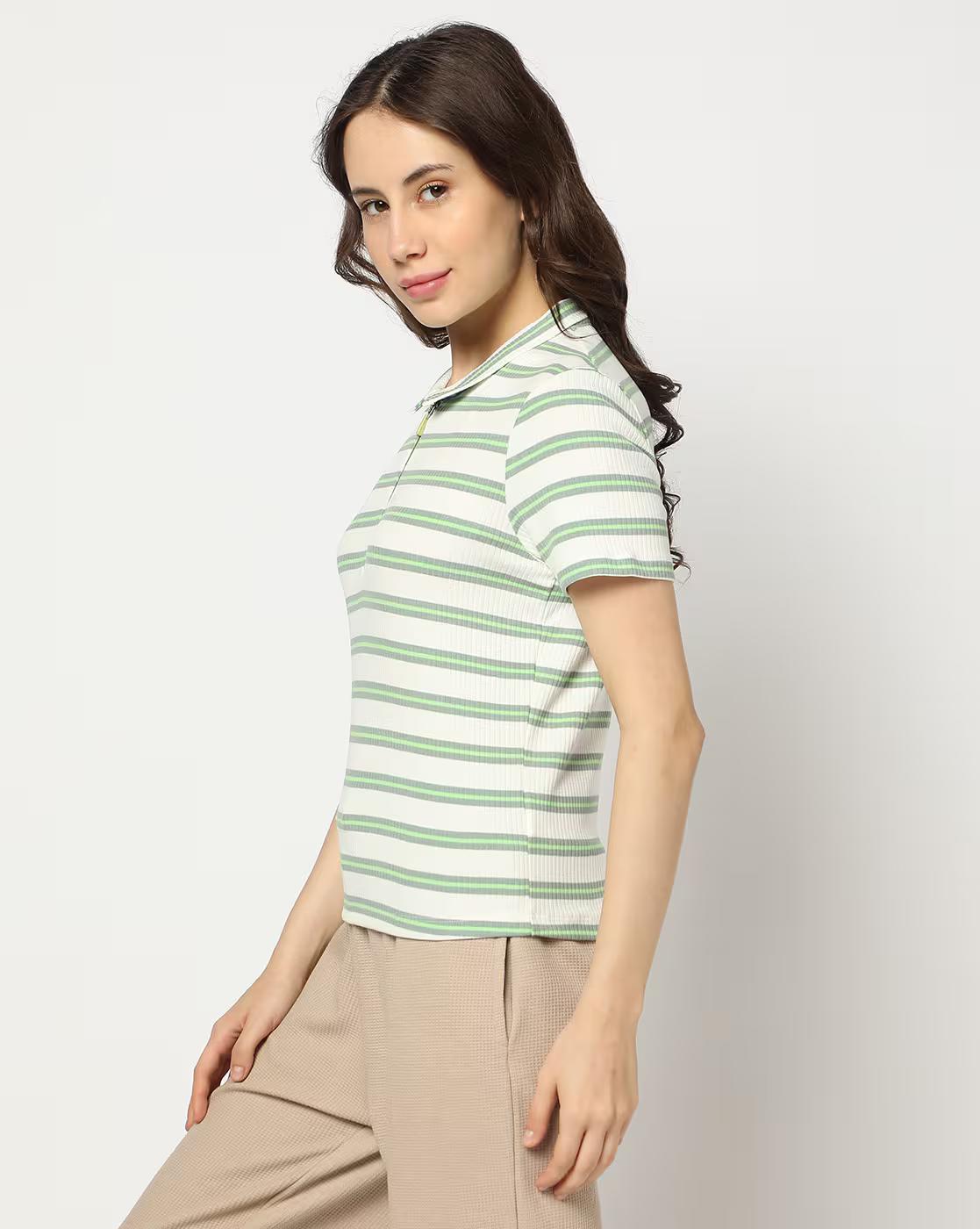 Women Striped Regular Fit Polo T-Shirt