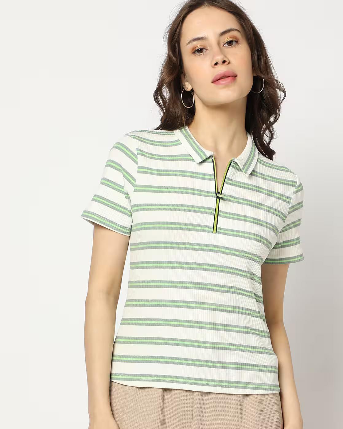 Women Striped Regular Fit Polo T-Shirt