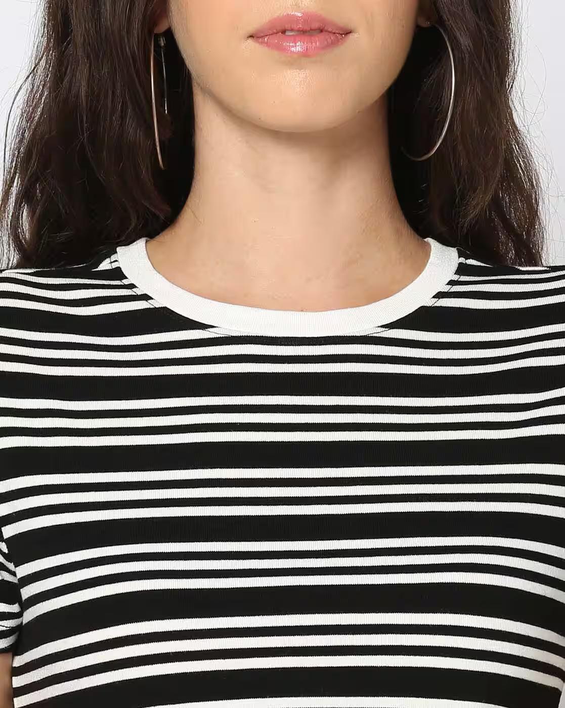 Women Striped Fitted Crew-Neck Crop T-Shirt