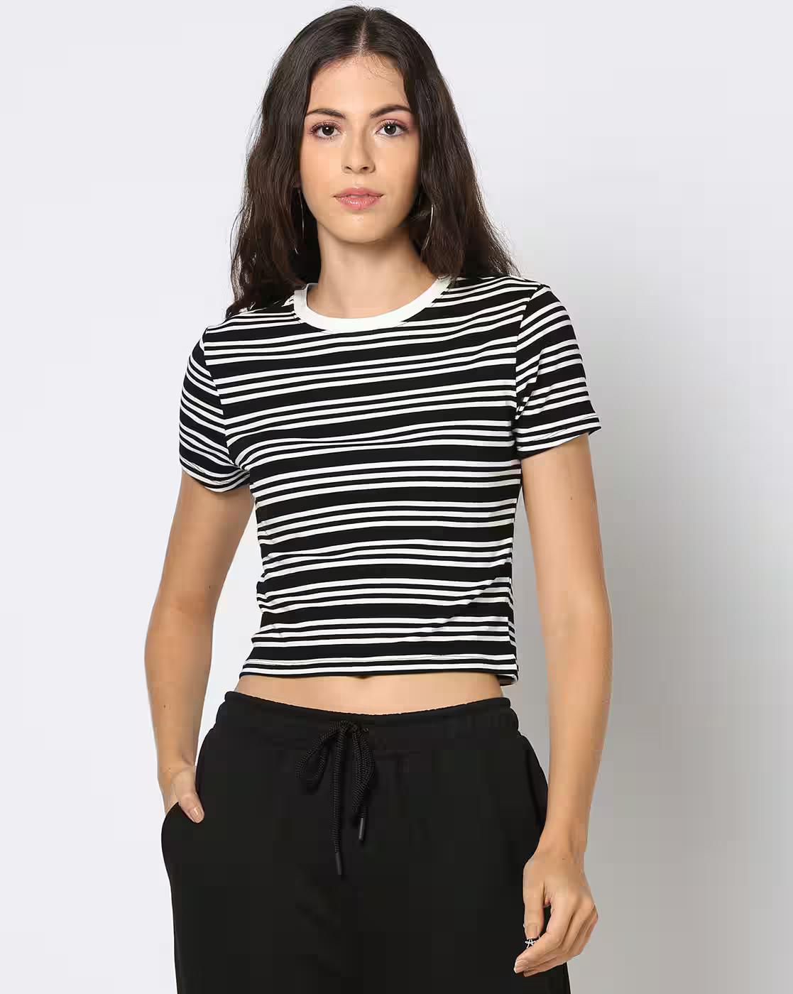 Women Striped Fitted Crew-Neck Crop T-Shirt