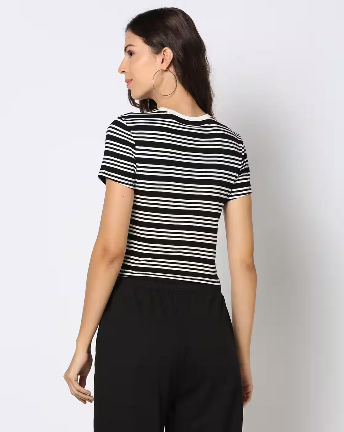 Women Striped Fitted Crew-Neck Crop T-Shirt