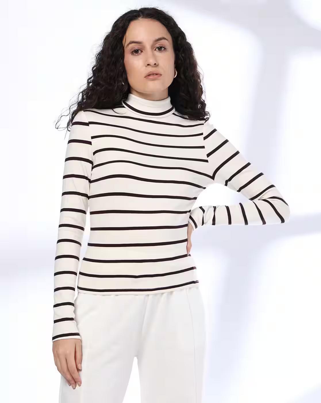 STRIPED TURTLE NECK TEE, OFF WHITE, XS