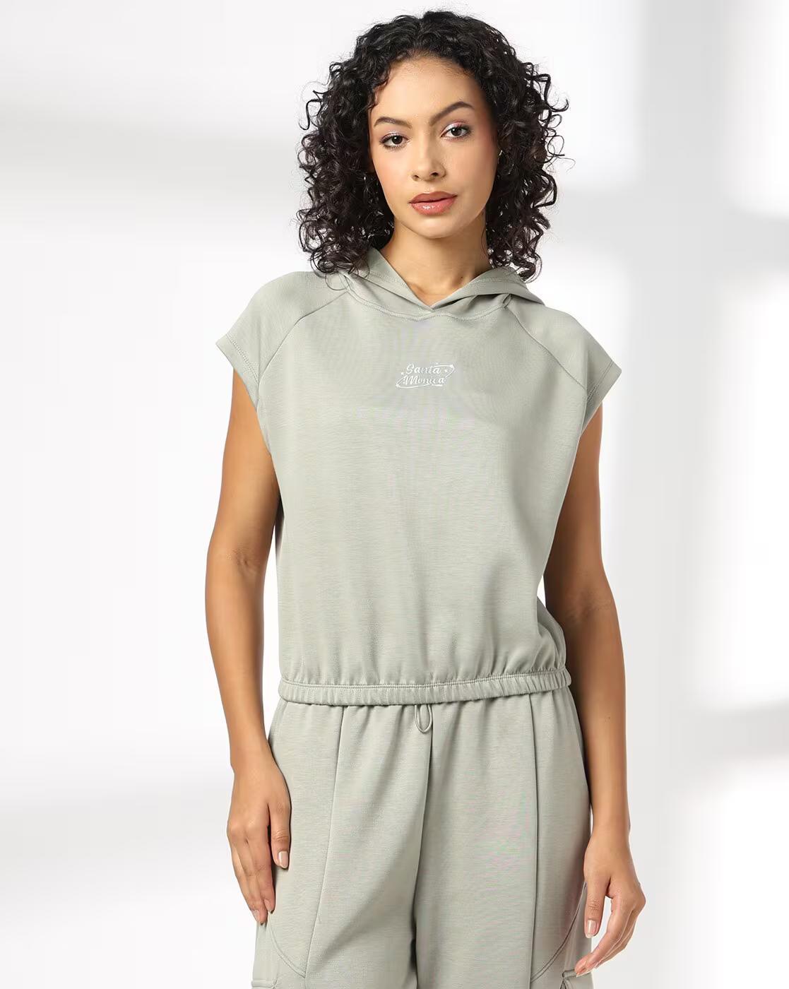 Graphic hoodie top, LT. GREEN, M