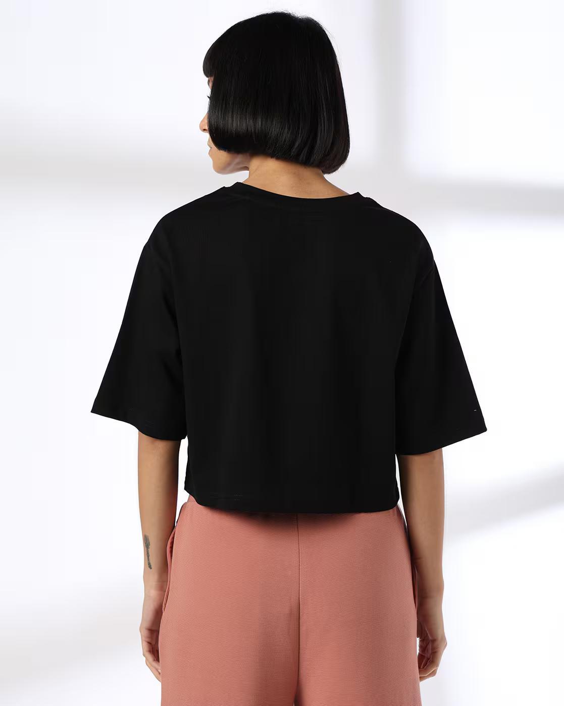 SATIN APPLIQUE BOXY TOP, JET BLACK