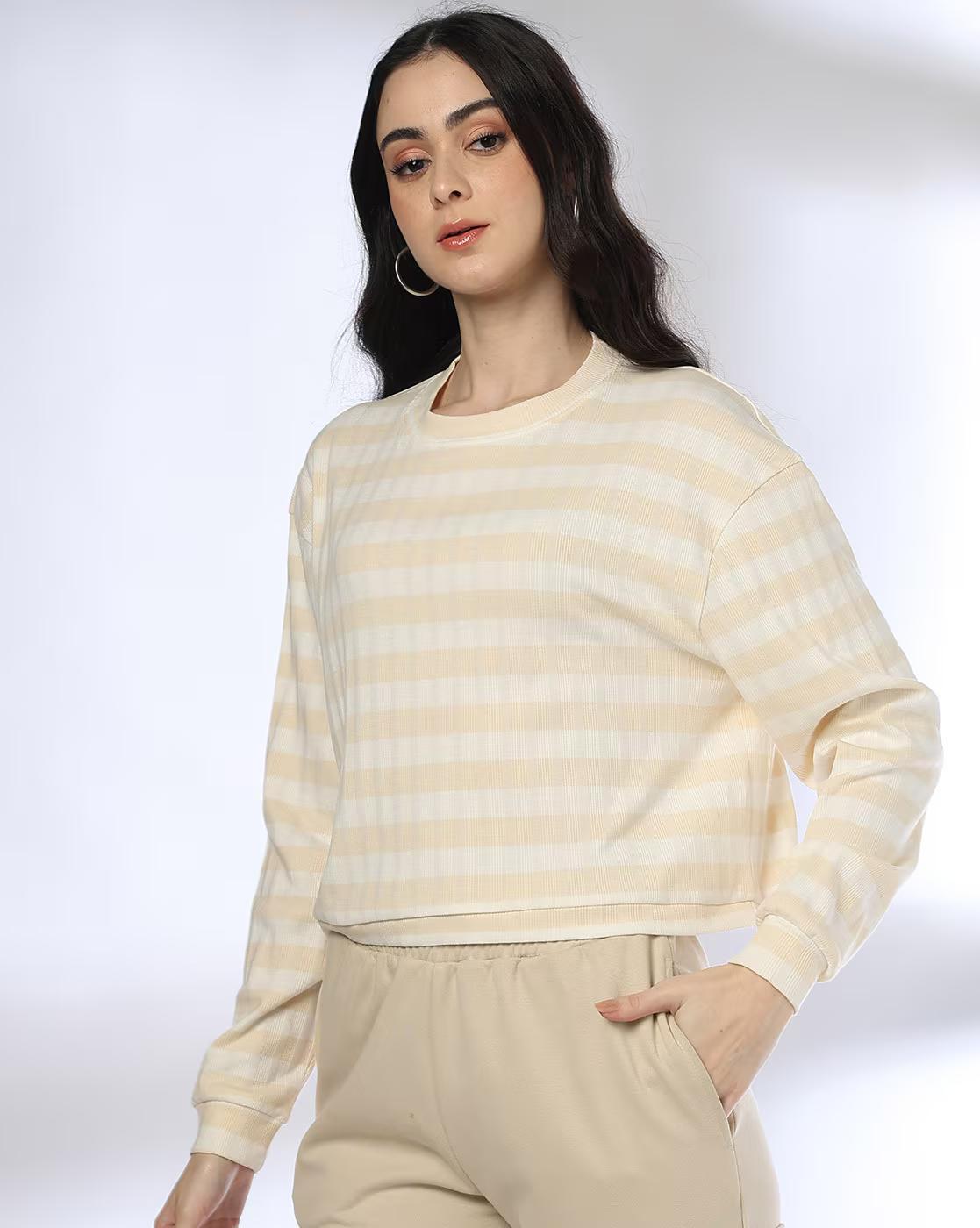 FULL SLEEVES STRIPER TOP, BEIGE, S