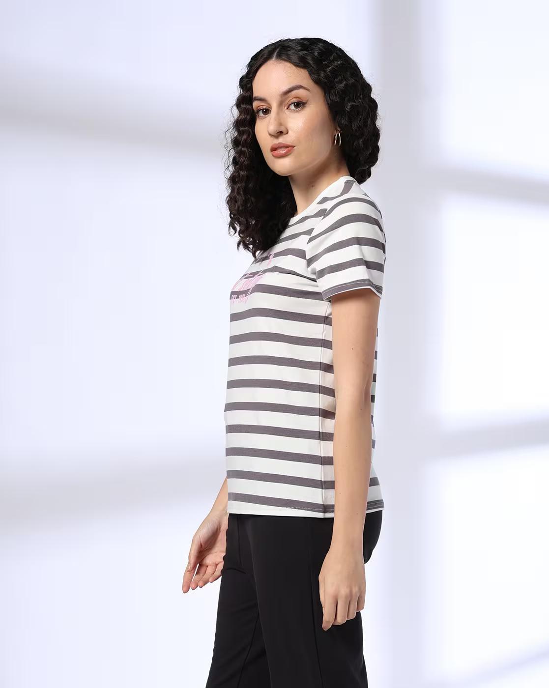STRIPE TSHIRT WITH GRAPHIC, GREY, S