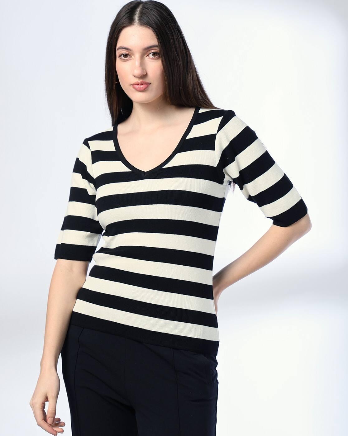 STRIPER V NECK TOP, JET BLACK, L