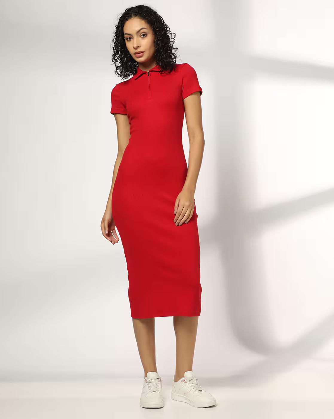 RIB BODYCON DRESS, RED, XS