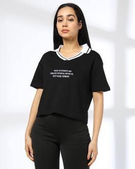 POLO NECK GRAPHIC TEE, BLACK, XXL