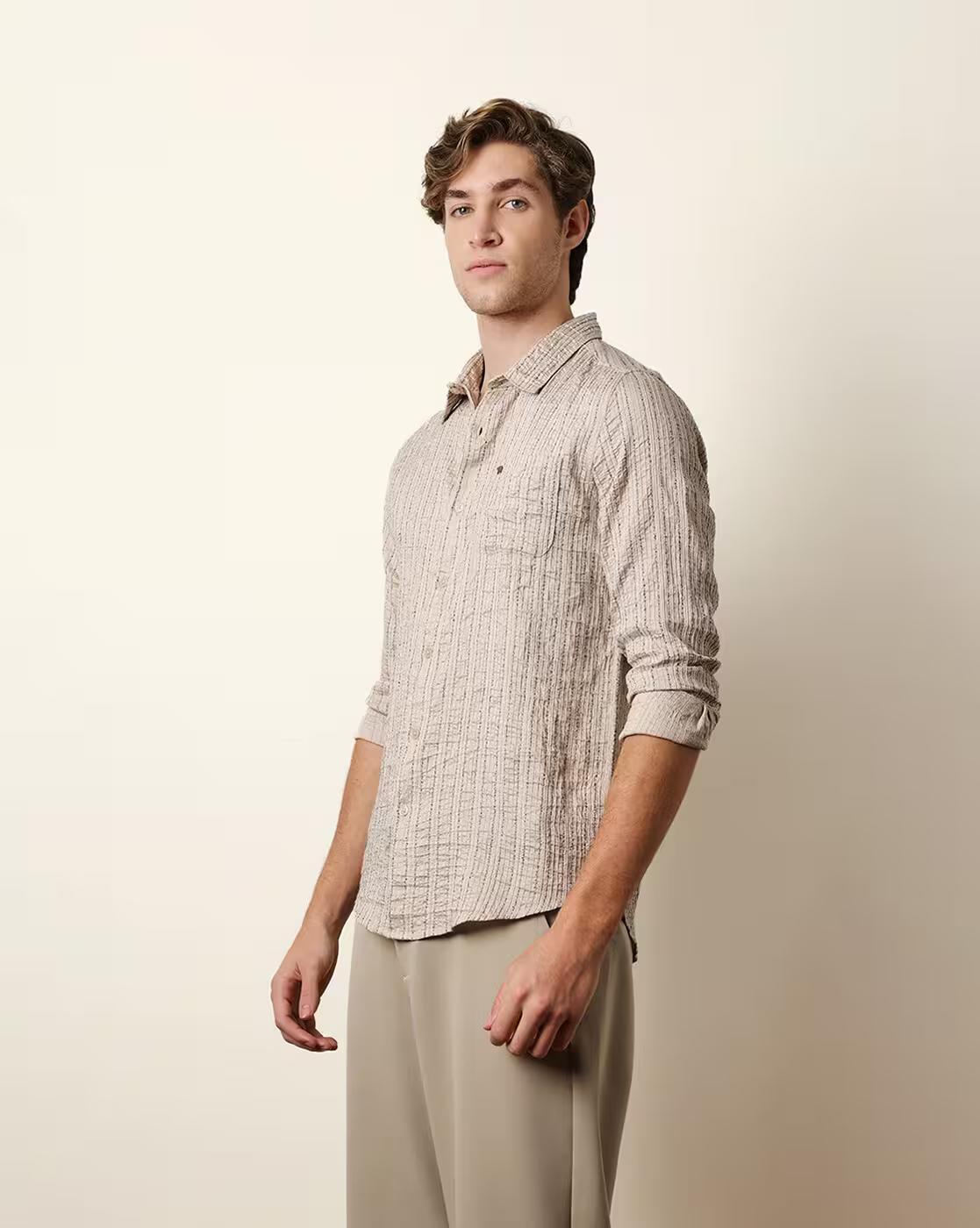 Men Striped Slim Fit Casual, CREAM, 3XL