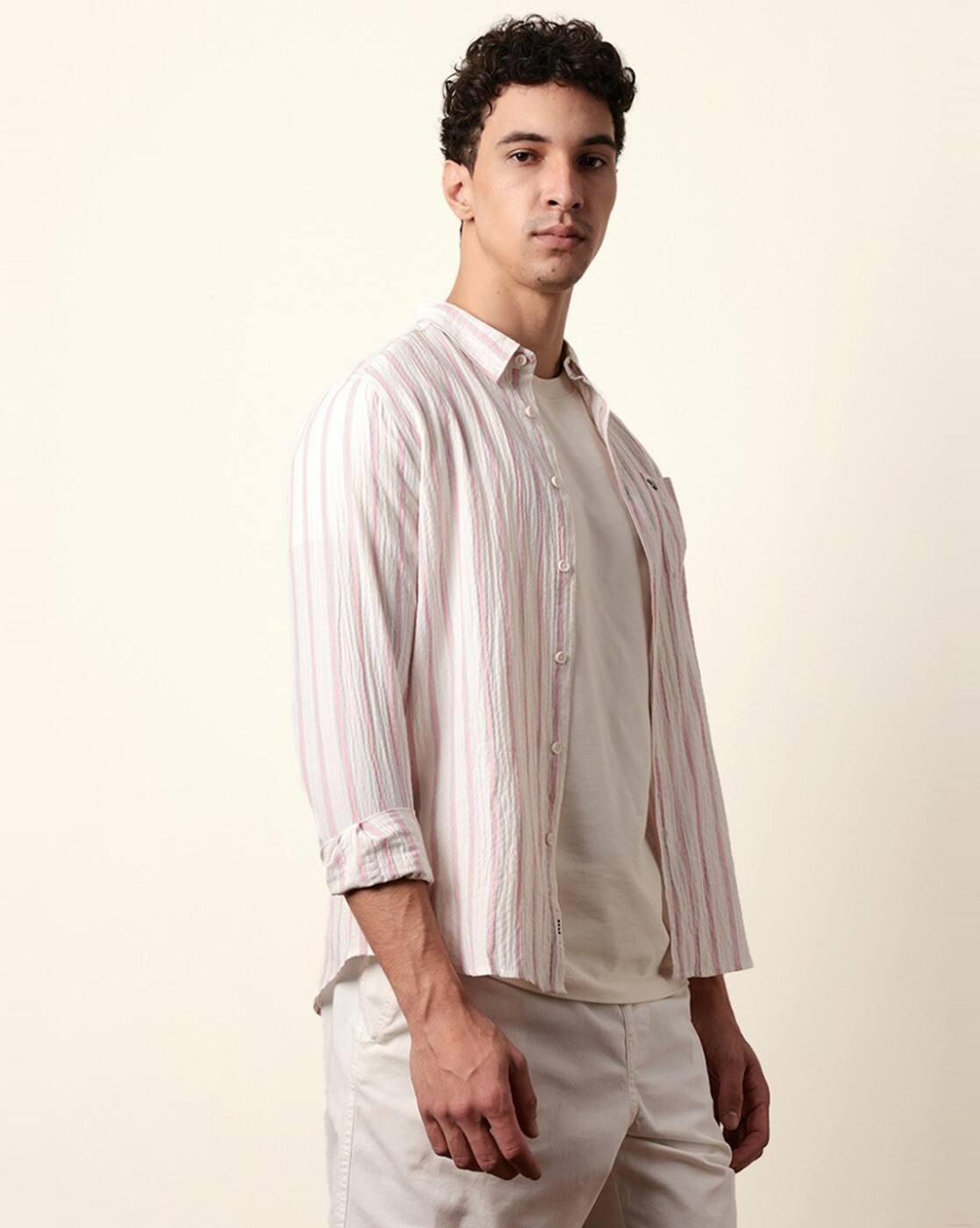 Men Cotton Woven Striped Regul, PINK, XL