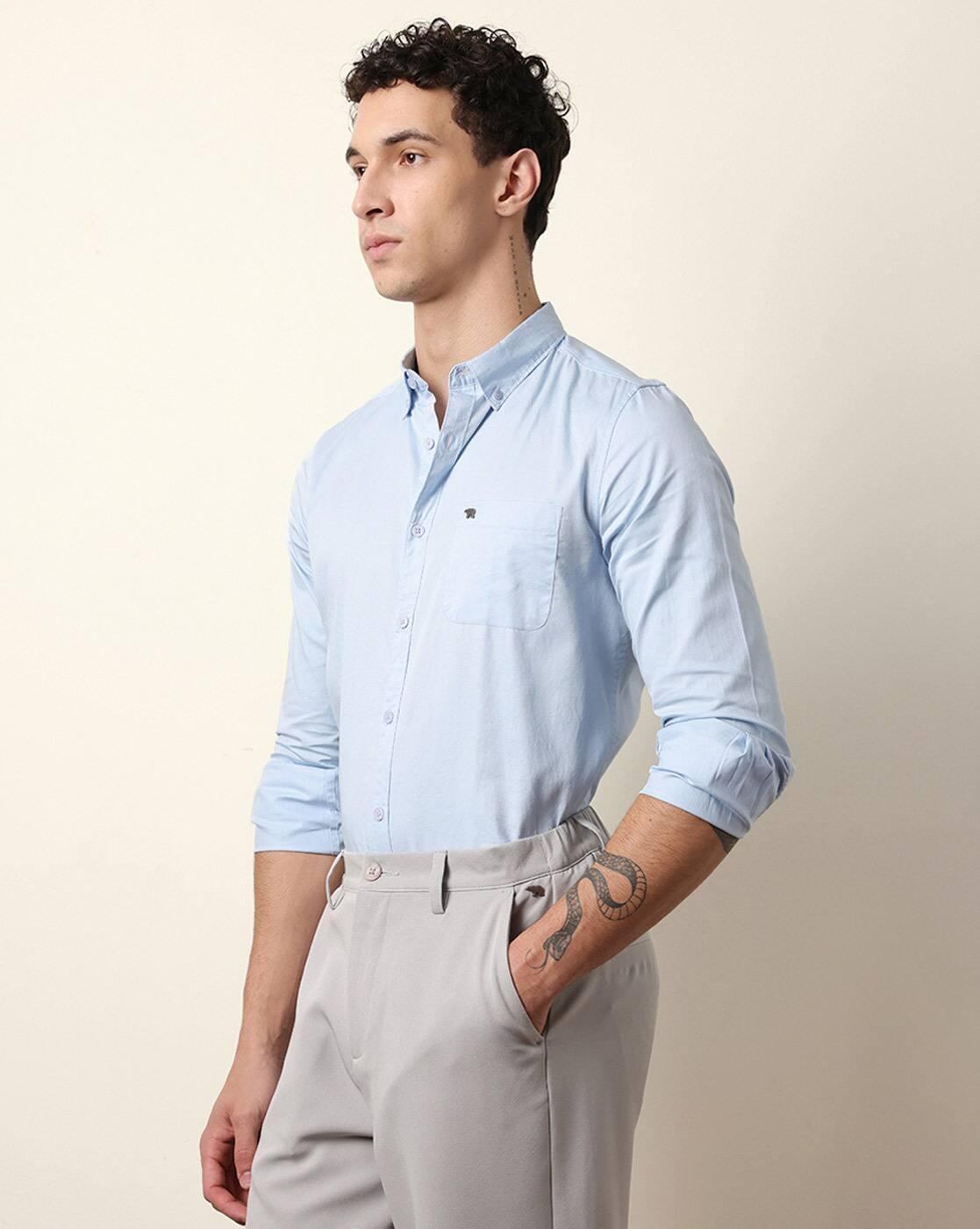 Men Cotton Solid Slim Fit Casua, BLUE, S