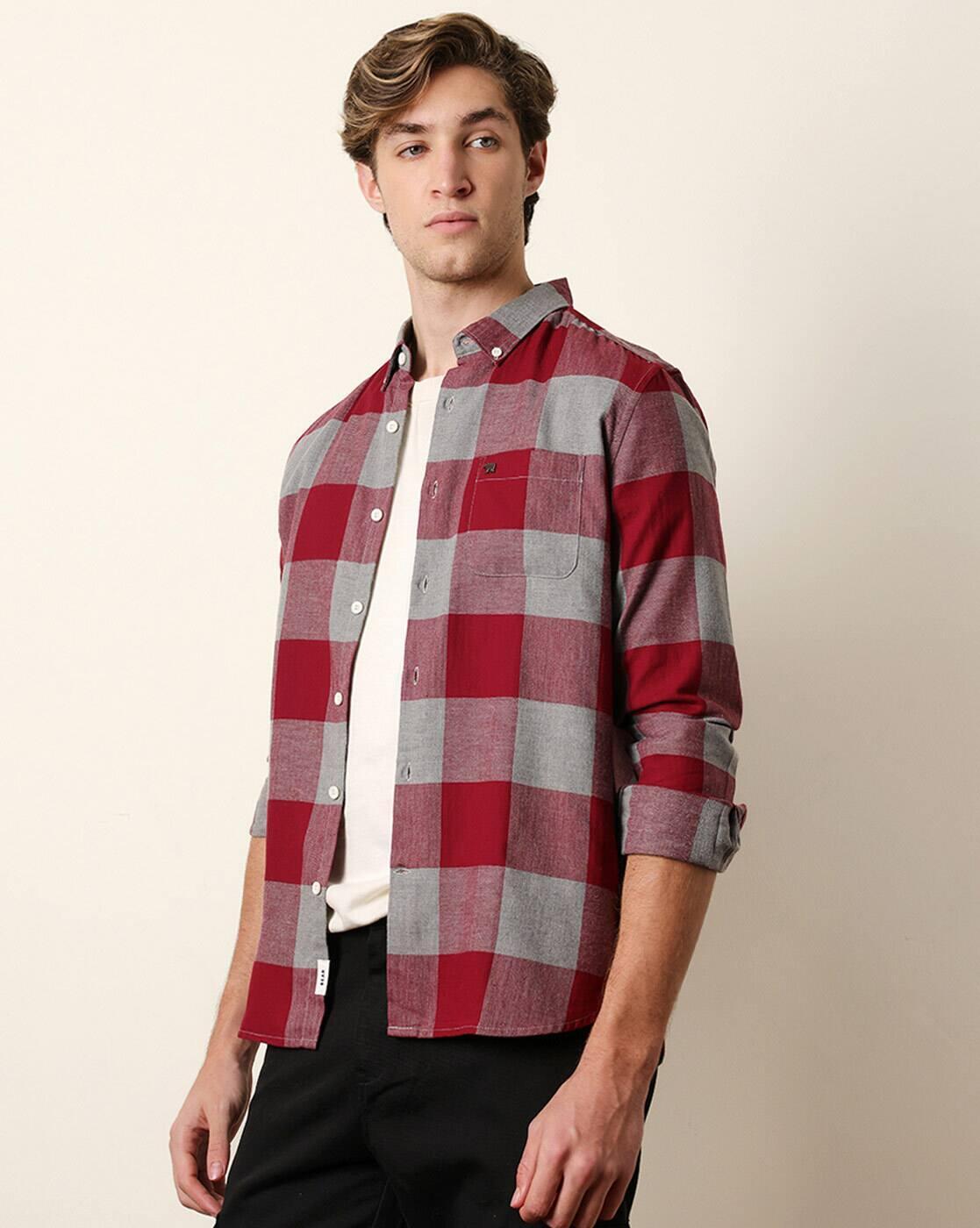 Men Cotton Checked Slim Fit C, MAROON, L