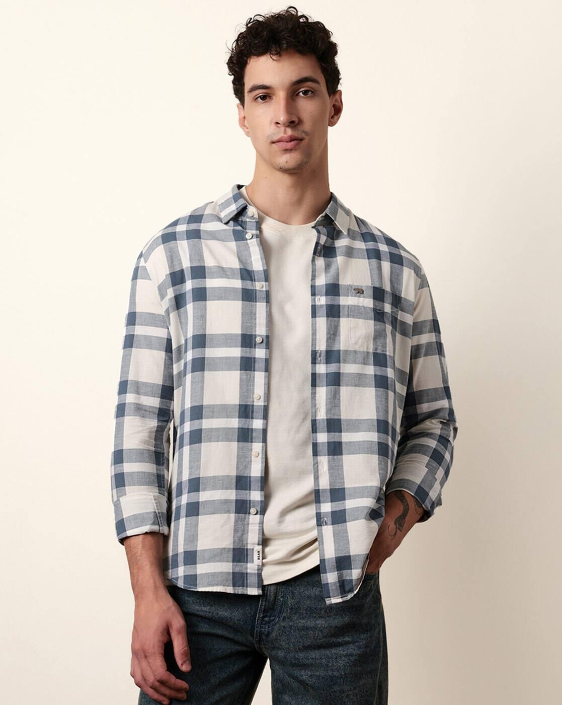 Men Cotton Checked Slim Fit Cas, BLUE, S
