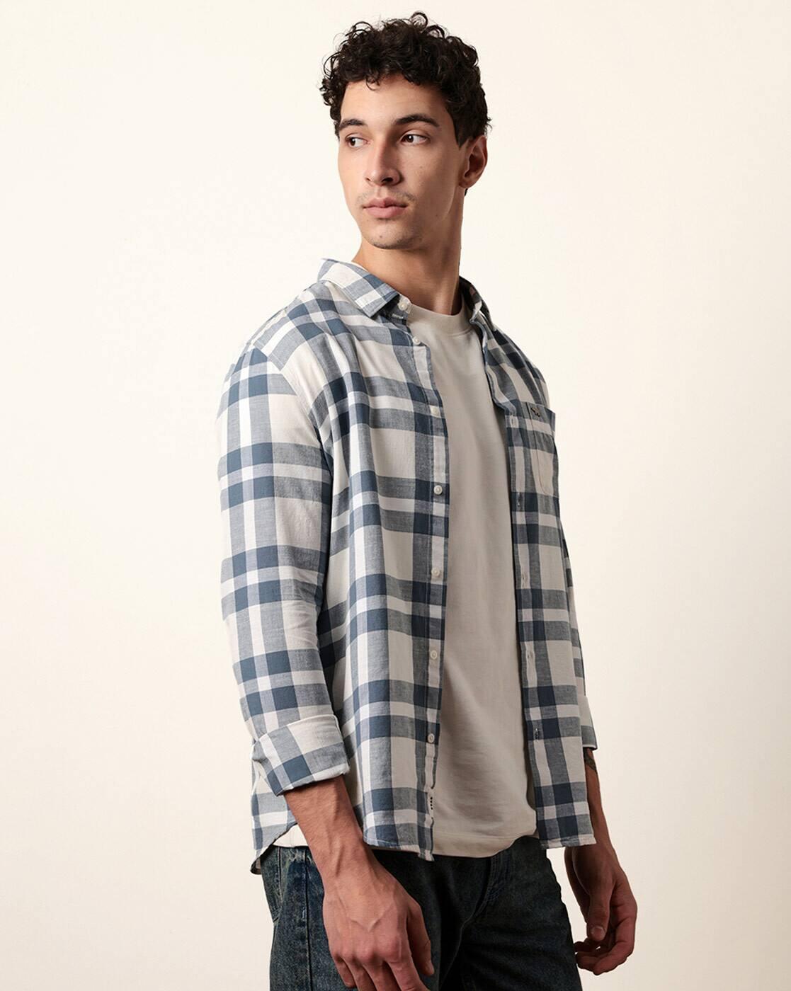 Men Cotton Checked Slim Fit Cas, BLUE, S