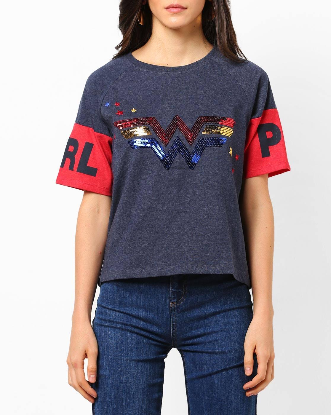 WONDER WOMAN SLEEVE CUT N SEW T, NAVY, S