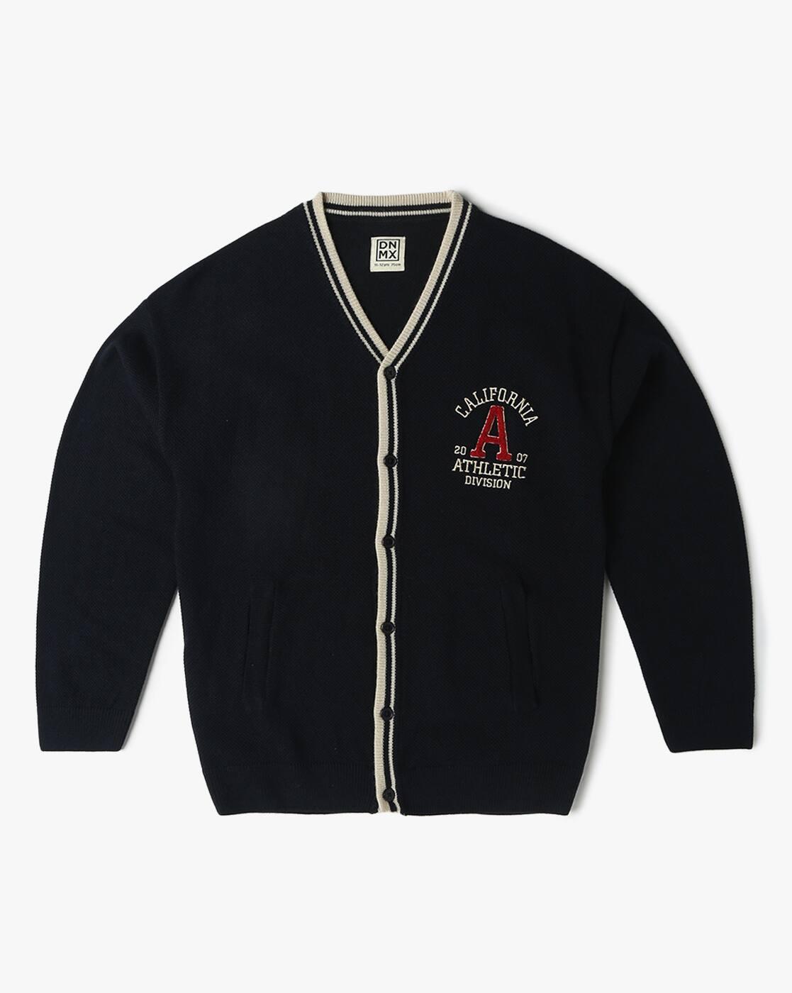Button Down Sweater with C, NAVY, 11-12Y